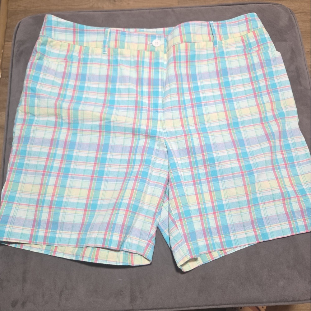Talbots Womens 14 Plaid Bermuda Shorts Cotton Blue Pink Green Preppy Walking